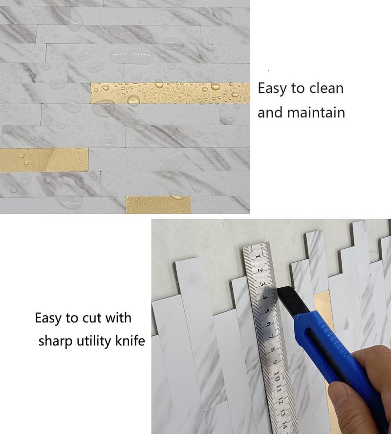 weimeisc 10 Sheets Peel and Stick Backsplash Tile for Kitchen, Self-Adhesive Mosaic Tile, Stick on Bathroom Vanities，Fireplace Décor, Laundry Table((White Marble+Frosted Gold) - Image 3